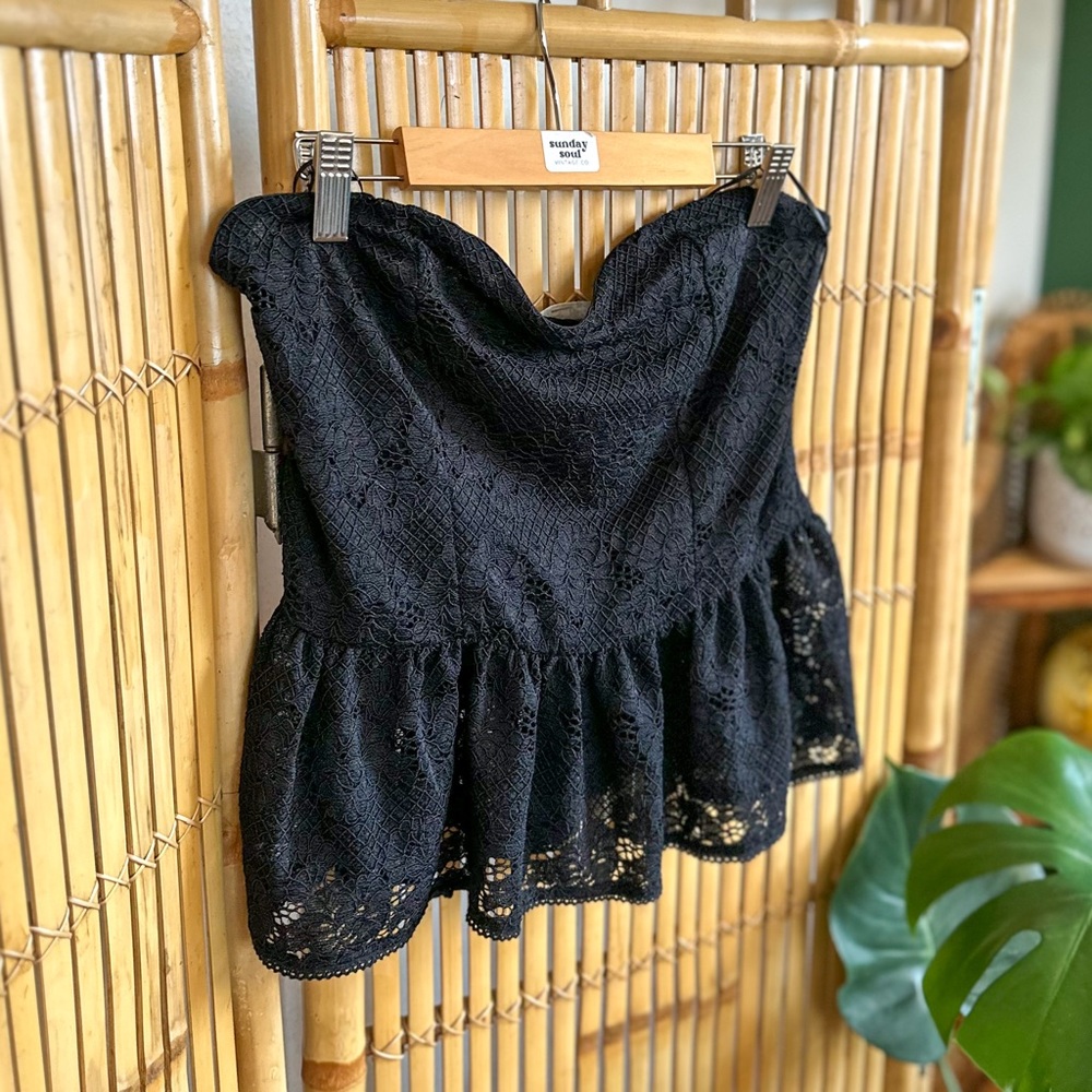 Free People Bohemian Black Lace Bustier Strapless Peplum Top Medium